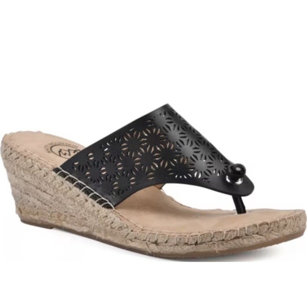 New White Mountain Beaux Perforated Thong Espadrille Wedge Sandals Black Size 11
